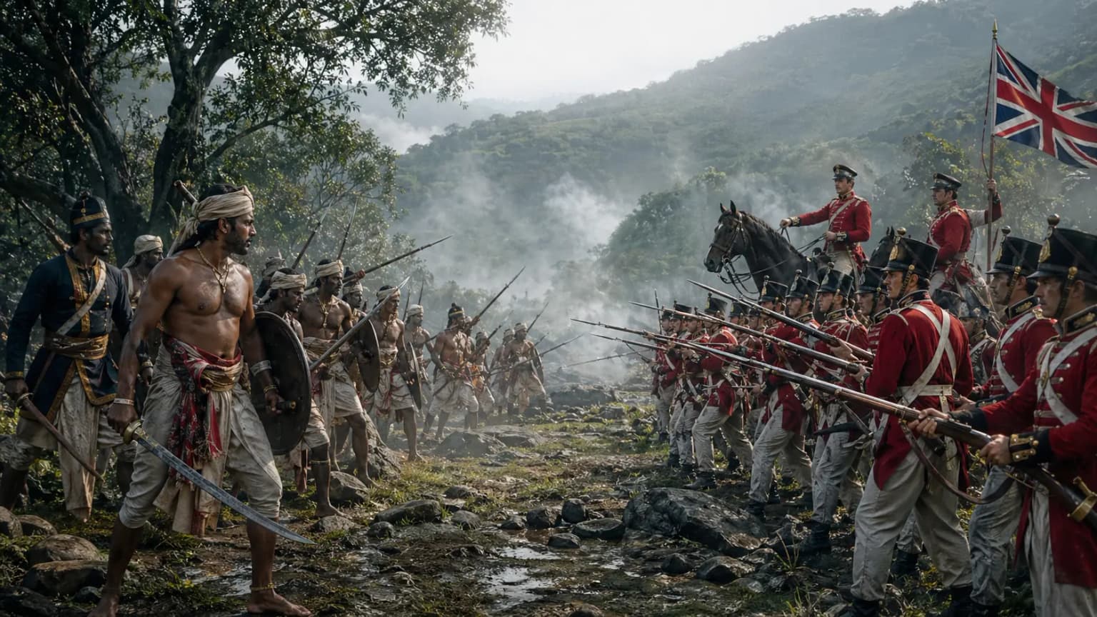 Uva | Photorealistic historical scene of Kandyan rebel fighters facing British colonial soldiers in red coats in the misty Uva-Wellassa highlands, representing the Uva Rebellion of 1817–1818.